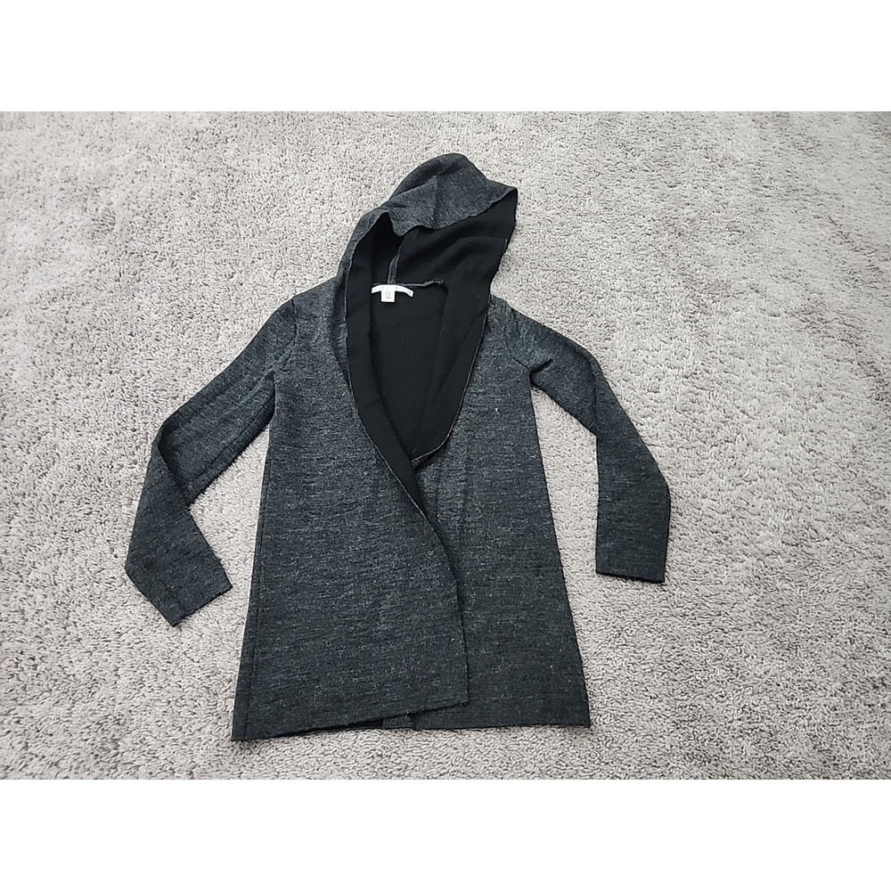 Max Studio Hooded Cardigan Womens XS Gray Open Front Merino Wool Blend Sweater